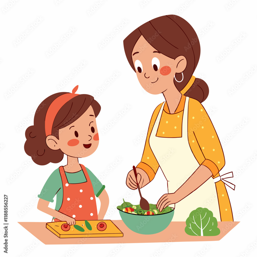 Mom and Kid Cooking Salad Together Mom and Kid Cooking Salad Together