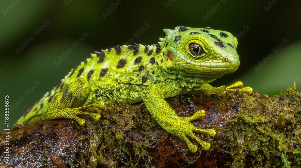 Fototapeta premium A green lizard sitting on top of a moss covered rock