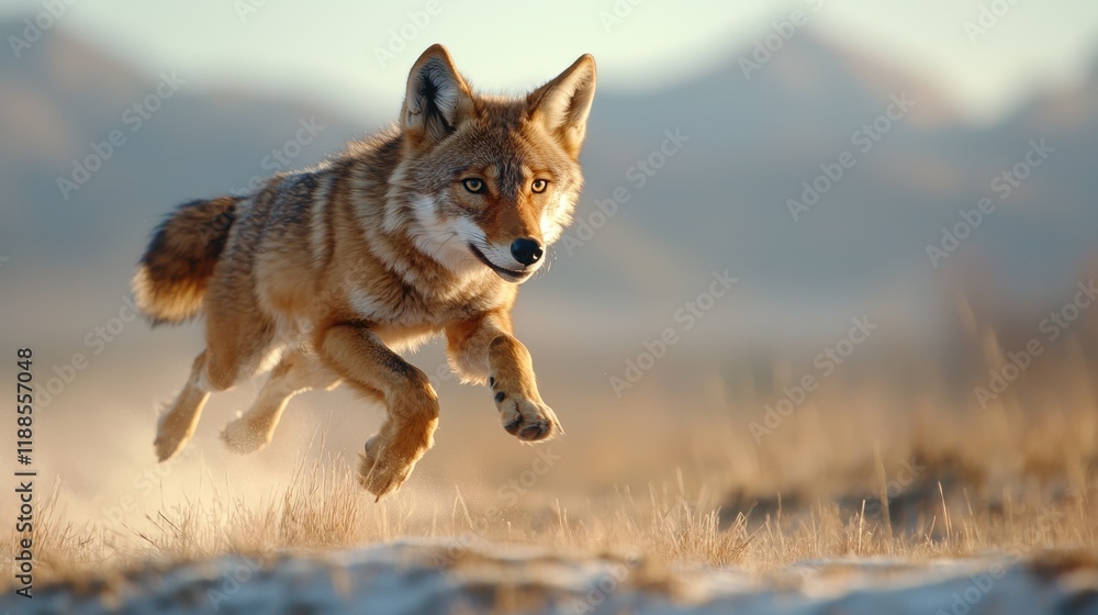 Fototapeta premium A coyote running across a dry grass covered field