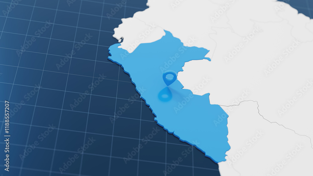 Fototapeta premium Blue Peru 3d map with pointer pin surrounded with other countries in white. Political map with borders. 3d render illustration