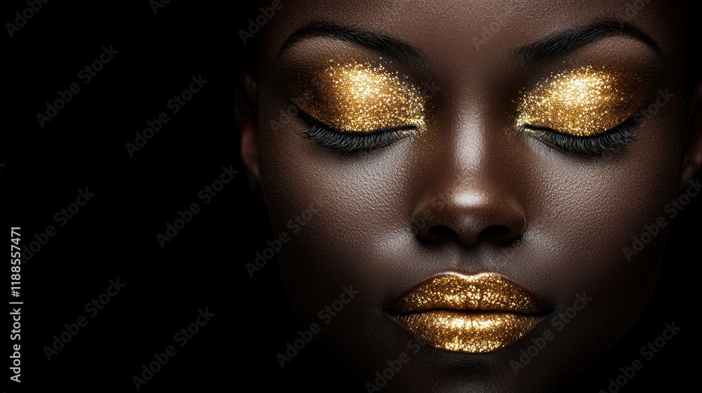A woman with gold glitter on her eyes and lips A woman with gold glitter on her eyes and lips