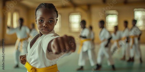 Young african american girl practicing martial arts with determination in dojo, banner with copy space