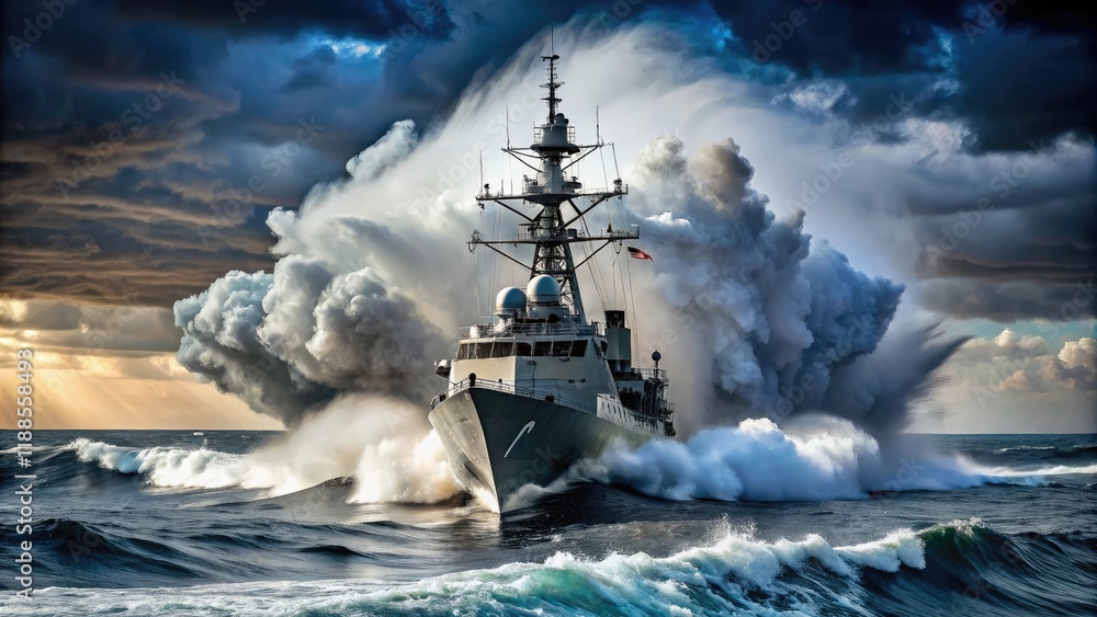 Obraz premium A dramatic photo of a navy warship crashing into the ocean waves, navy warship, ocean waves, ships, naval