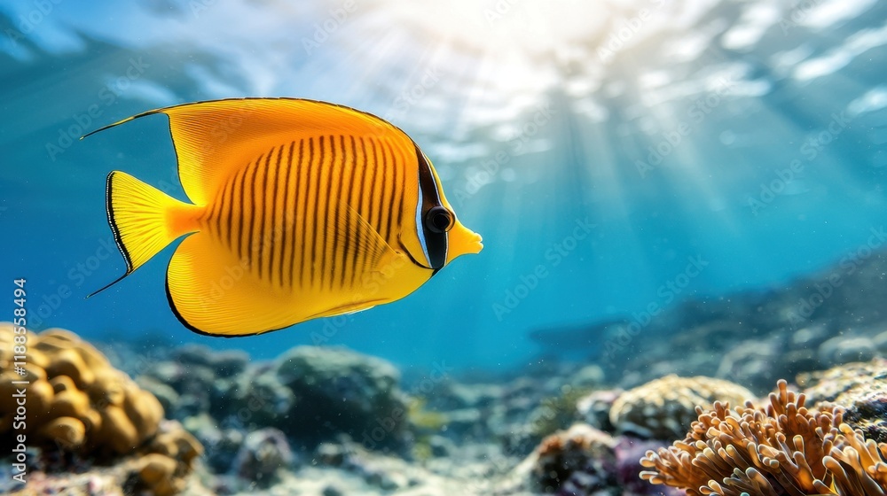 Fototapeta premium A yellow butterfly fish swimming in the ocean near a coral reef