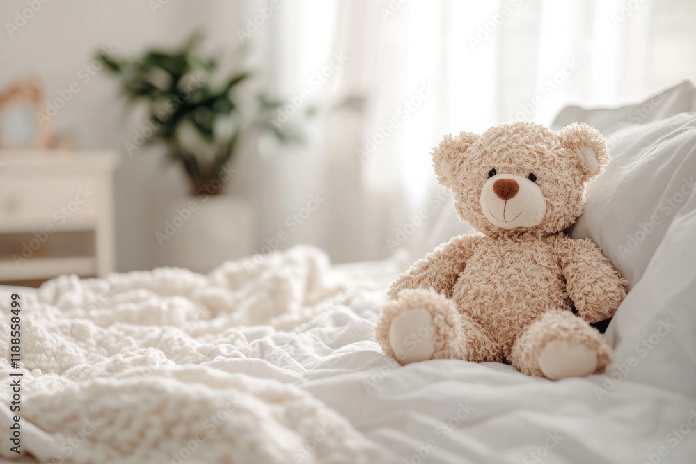 Cute teddy bear relaxing on a comfortable bed in a bright and airy bedroom, creating a cozy and inviting atmosphere Cute teddy bear relaxing on a comfortable bed in a bright and airy bedroom, creating a cozy and inviting atmosphere