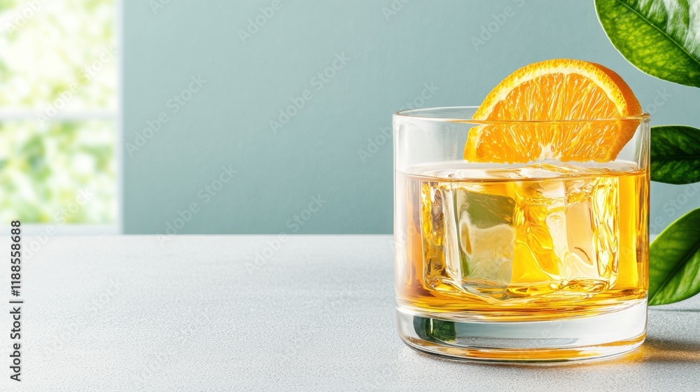 A glass of whiskey with an orange slice on top of it A glass of whiskey with an orange slice on top of it