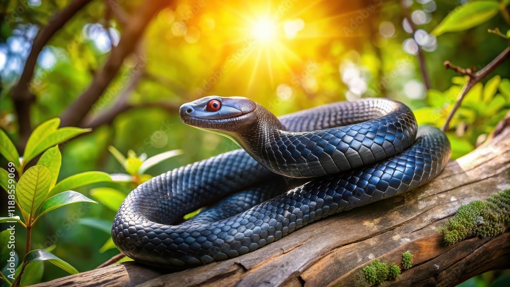 Obraz premium Eastern Indigo Snake coiled around a tree branch in a forest clearing with dappled sunlight filtering through the leaves, eastern indigo snake, pythonidae