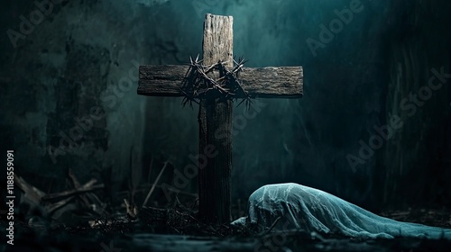 Wooden cross with crown of thorns and shroud on dark background. Good Friday concept  photo