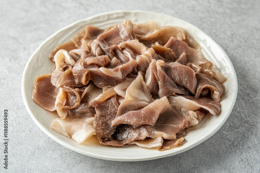 Sliced raw beef tripe for hot pot presented on a white plate Sliced raw beef tripe for hot pot presented on a white plate
