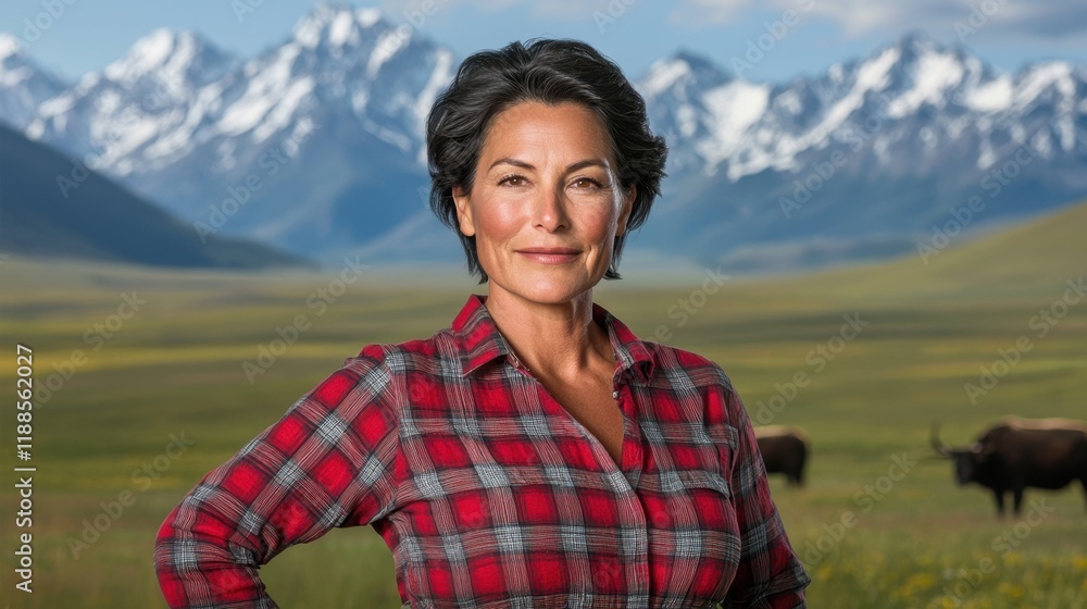 A woman standing in a field with mountains in the background A woman standing in a field with mountains in the background
