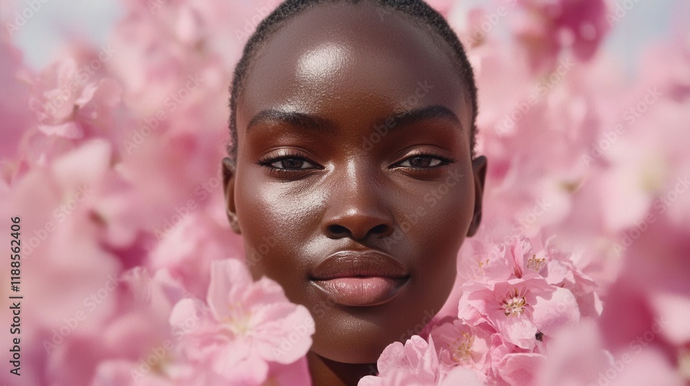 Obraz premium A woman standing in front of a field of pink flowers