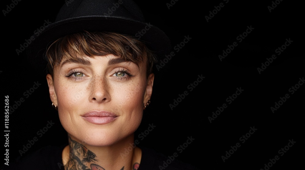 A woman with a black hat and tattoos on her neck A woman with a black hat and tattoos on her neck