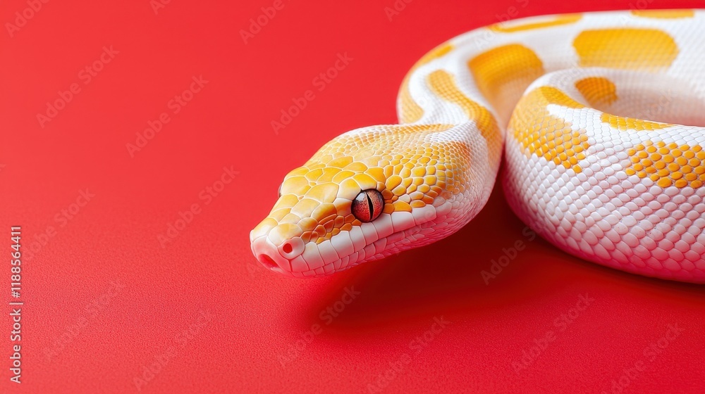 Fototapeta premium A white and yellow snake on a red background