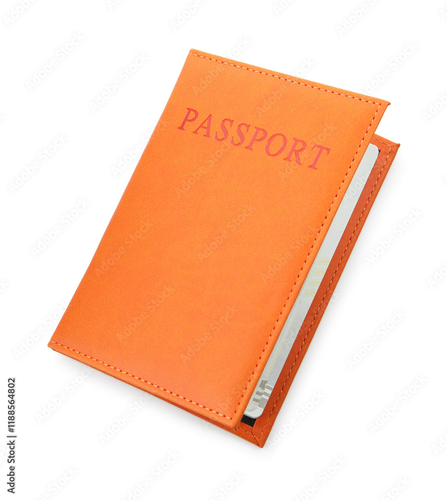 Passport in orange cover isolated on white, top view Passport in orange cover isolated on white, top view