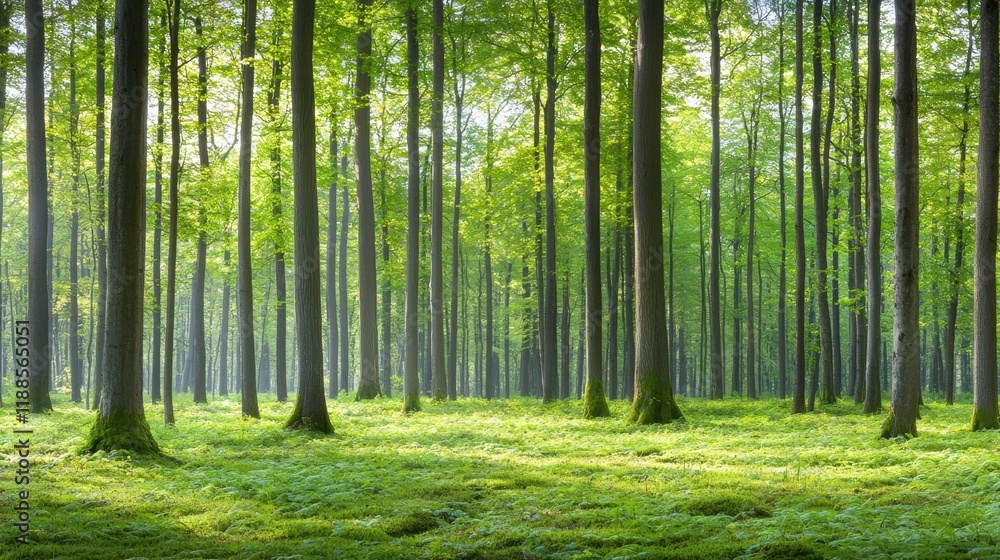 A forest filled with lots of tall trees and green grass A forest filled with lots of tall trees and green grass