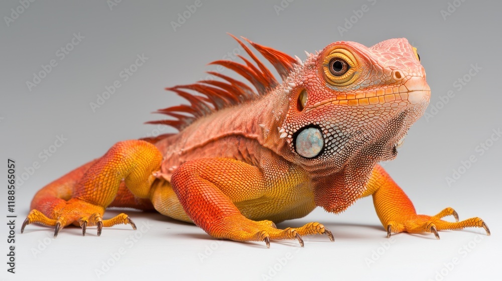 Fototapeta premium A red iguana with a blue eye on a white background