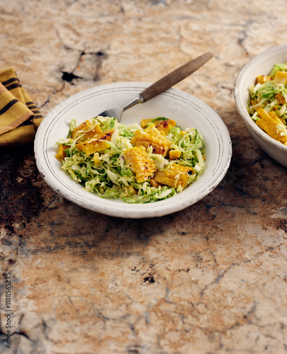 Delicious Mexican Dish Featuring Fresh Cabbage and Crispy Fried Toppings Served in Rustic Bowls photo