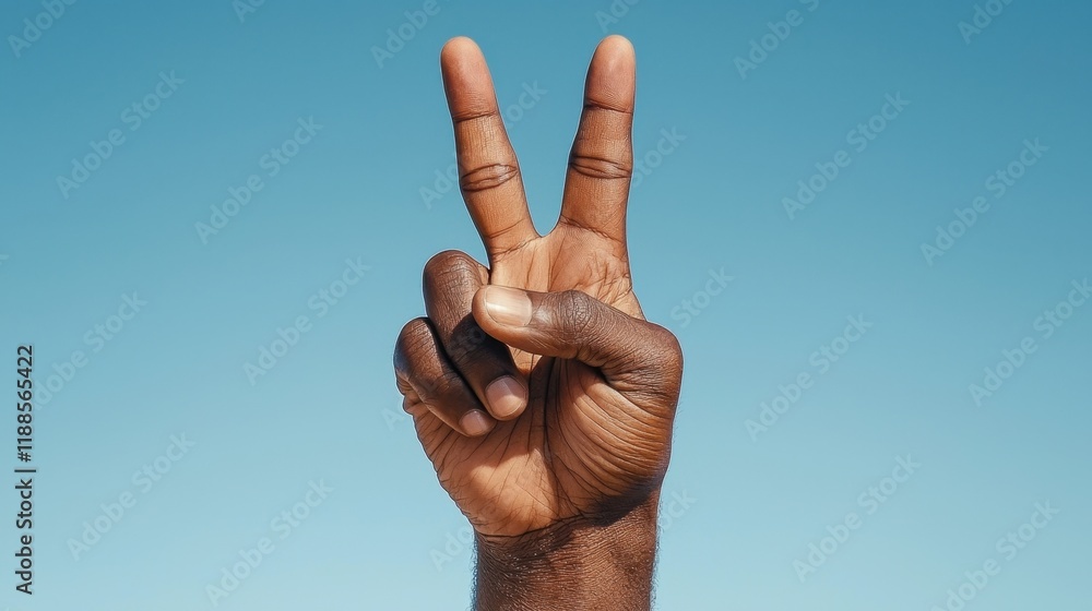 A man's hand making a peace sign against a blue sky A man's hand making a peace sign against a blue sky