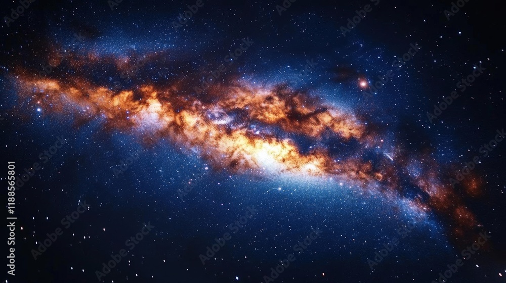 Majestic Milky Way Galaxy with Vibrant Orange and Blue Hues Across Starry Night Sky Majestic Milky Way Galaxy with Vibrant Orange and Blue Hues Across Starry Night Sky