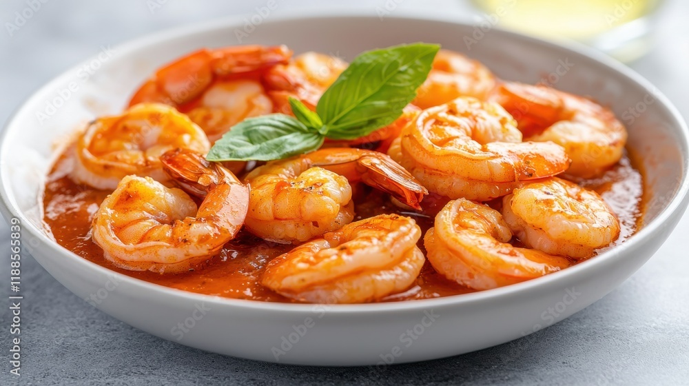 A white bowl filled with cooked shrimp in a tomato sauce A white bowl filled with cooked shrimp in a tomato sauce