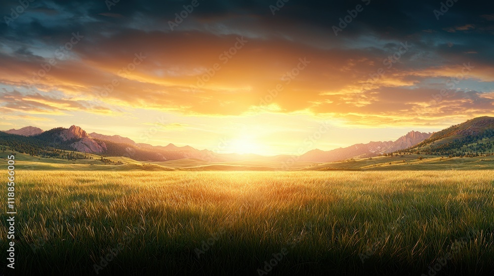 Obraz premium A field of grass with mountains in the background at sunset
