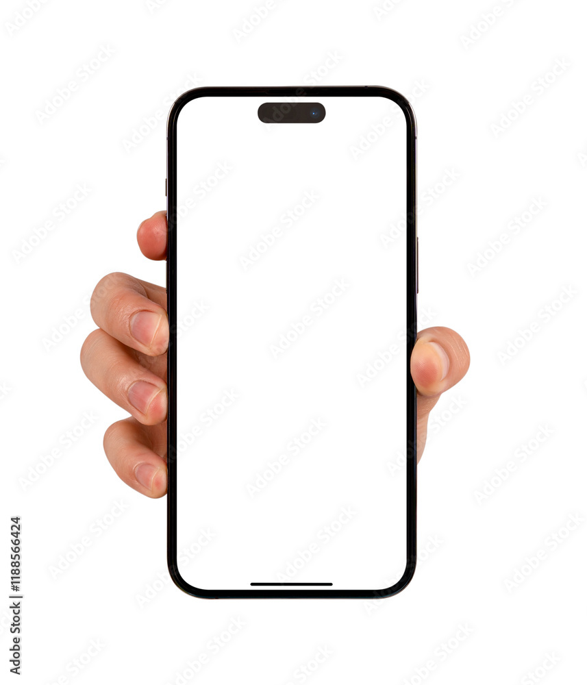 Hand showing smartphone with blank screen isolated. Hand showing smartphone with blank screen isolated.