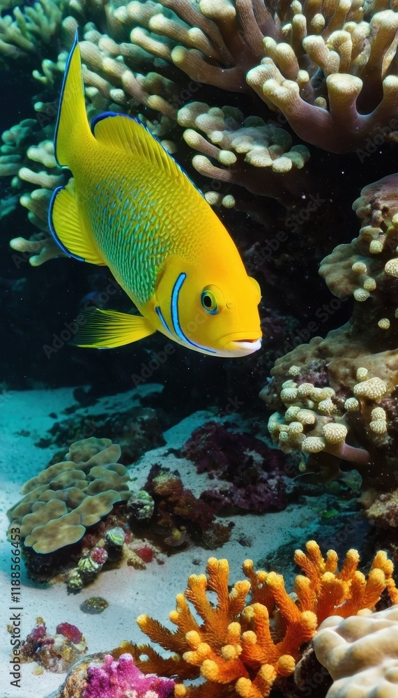 Golden wrasse swimming through a colorful reef ecosystem. The vibrant hues of the fish and coral create an enchanting underwater scene, ideal for aquatic themes Golden wrasse swimming through a colorful reef ecosystem. The vibrant hues of the fish and coral create an enchanting underwater scene, ideal for aquatic themes