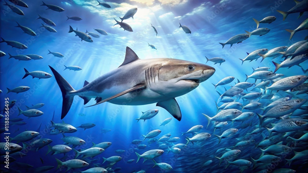 Fototapeta premium A large white shark swims in a school of fish against a clear blue transparent background, predator, shark