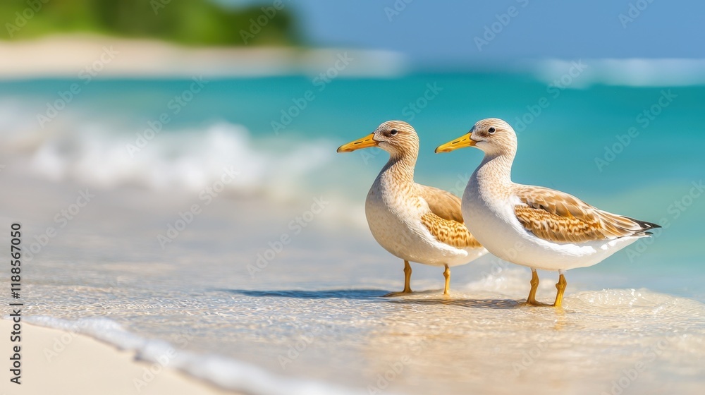 Fototapeta premium two birds standing on the beach near the ocean