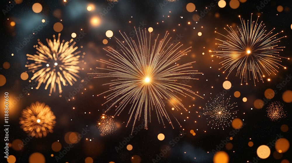 Fototapeta premium Grand end of year sale banner with festive fireworks. Glittering effects, sparkle create thrilling celebration atmosphere. Last chance for grand discounts on new items. Suitable for brand sale