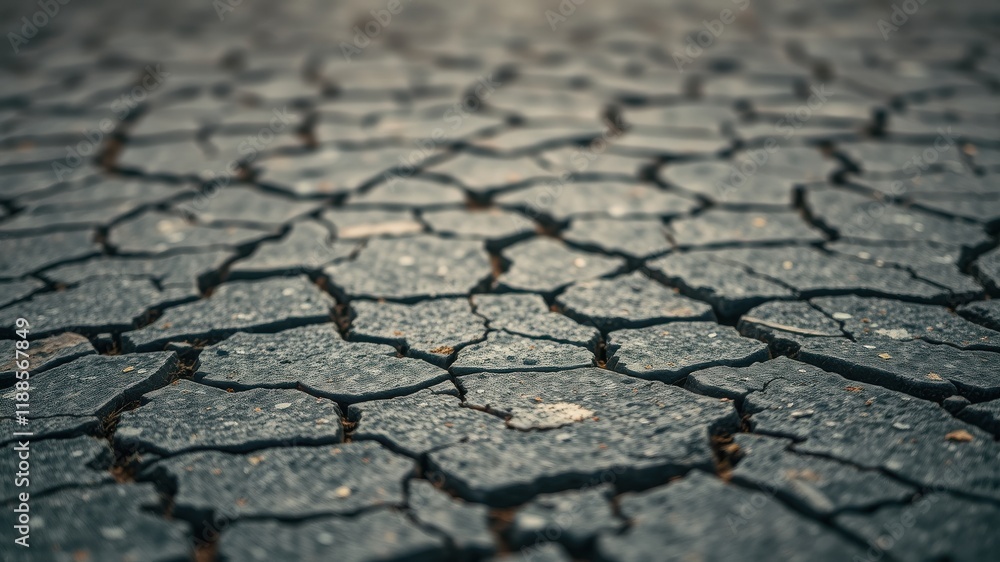 Obraz premium Close-up view of a cracked and arid surface, showing the intricate network of fissures in the dry earth