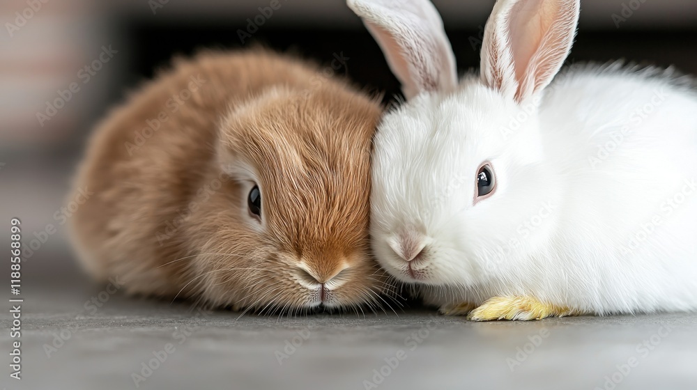 A couple of rabbits laying next to each other on the floor A couple of rabbits laying next to each other on the floor