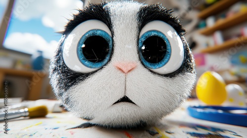 A close up of a stuffed animal with big blue eyes photo