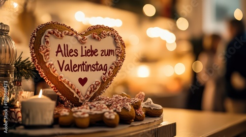 Alles Liebe zum Valentinstag Gingerbread Heart Cookies with Festive Decorations photo