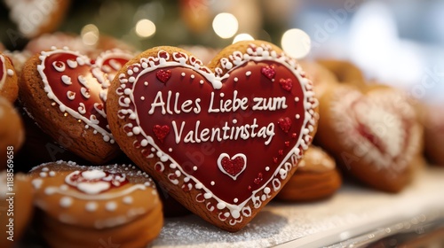 Alles Liebe zum Valentinstag Gingerbread Heart Cookies with Festive Decorations photo