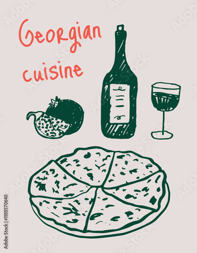 Georgian Cuisine Elements Wine Glass Bottle Pomegranate Cheese Bread Traditional Food Concept. Vector Flat Illustration on Light Background Isolated.