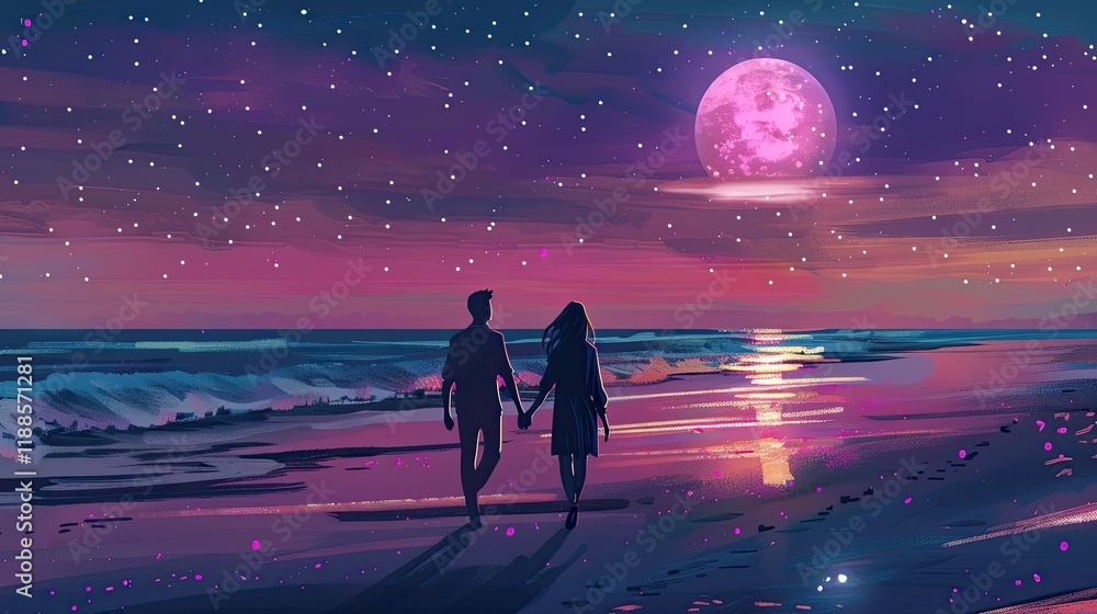Obraz premium A man and woman walking on the beach under a starry sky