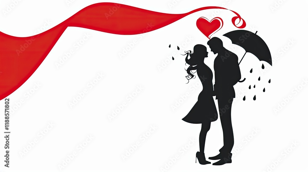 a couple's silhouette holding an umbrella with a red ribbon a couple's silhouette holding an umbrella with a red ribbon