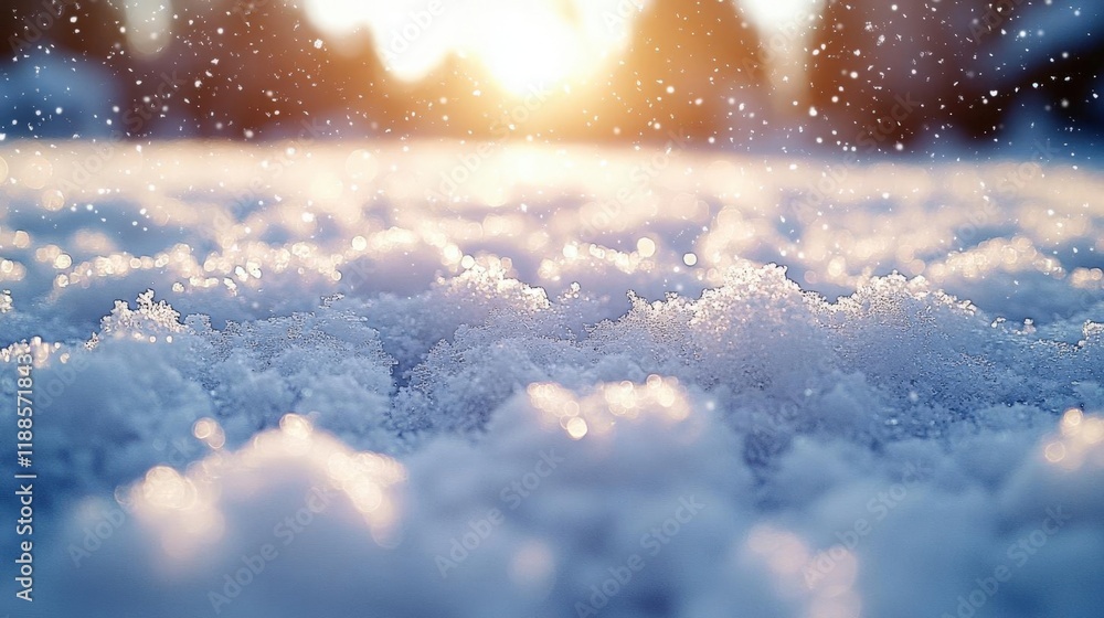 Naklejka premium Magical Winter Sunset: Sparkling Snowflakes and Golden Light