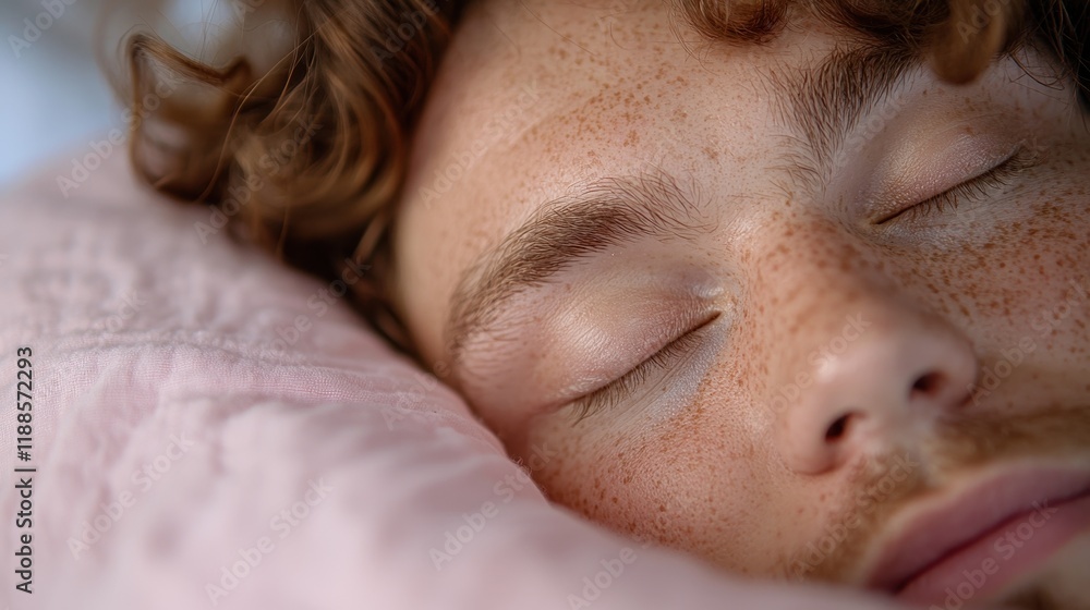 A young man with freckles sleeping on a bed with his eyes closed A young man with freckles sleeping on a bed with his eyes closed