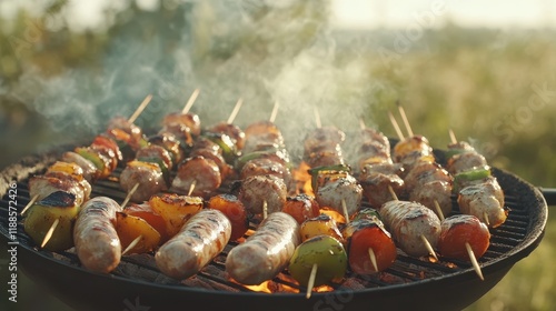 Grilled meat, sausages and mushrooms. B-B-Q. Food in nature. Cooking food on the grill. Picnic. Holiday in nature.