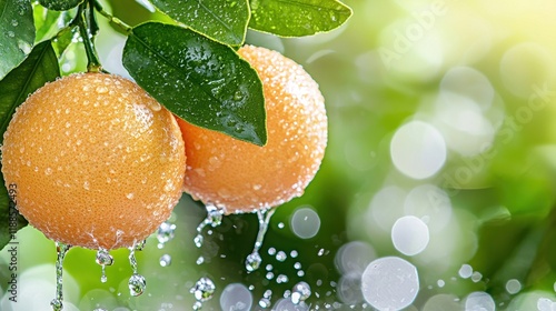 two oranges hanging from a tree with water droplets on them