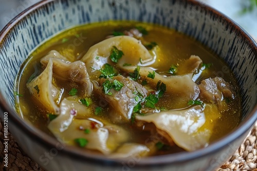 Tasty beef tripe broth Turkish iskembe corbasi Bowl of tripe soup photo