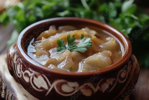 Tasty beef tripe soup Turkish iskembe corbasi Bowl of tripe soup photo