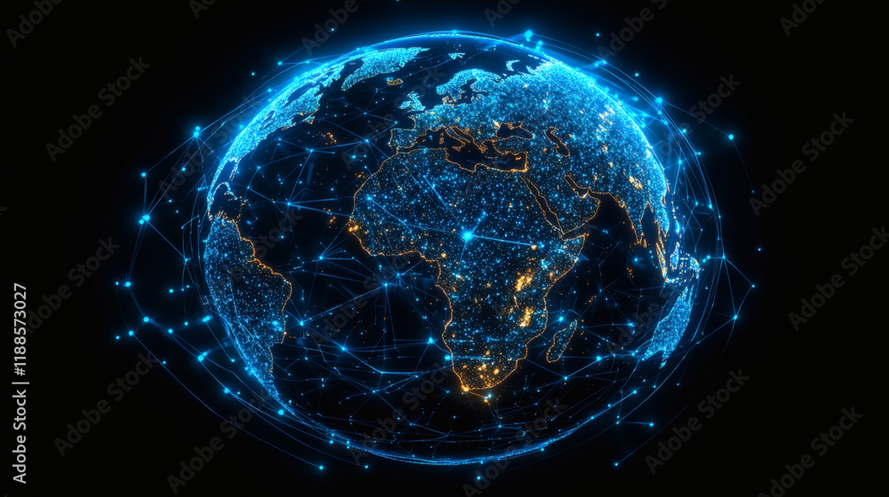 Interconnected World: A mesmerizing digital rendering of Earth with glowing blue lines representing global connectivity. The continents are highlighted. Interconnected World: A mesmerizing digital rendering of Earth with glowing blue lines representing global connectivity. The continents are highlighted.