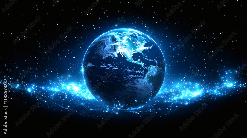 Obraz premium Celestial Earth: A vibrant, stylized depiction of planet Earth, glowing with electric blue energy against the backdrop of a star-studded cosmos. The image evokes a sense of wonder and cosmic power.