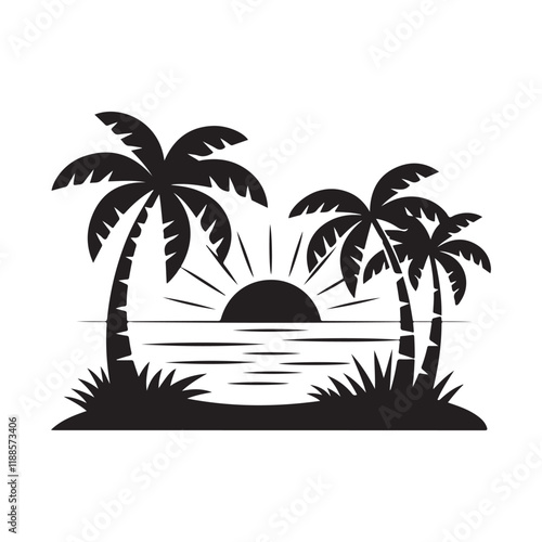 Summer sunset tropical beach line art vector illustration, hand drawn sunset and sunrise outline landscape tropical beach, palm tree with sunset waves Nature view, Kids drawing Beach coloring pages