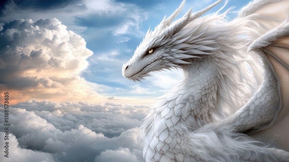 A white dragon flying through the clouds in the sky A white dragon flying through the clouds in the sky