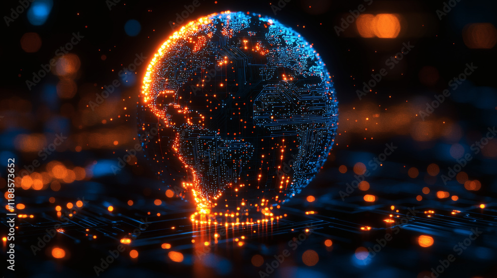 Glowing Earth: A futuristic and abstract depiction of Earth, rendered in a swirling mass of glowing particles, evoking a sense of digital connectivity and global interconnectedness.  