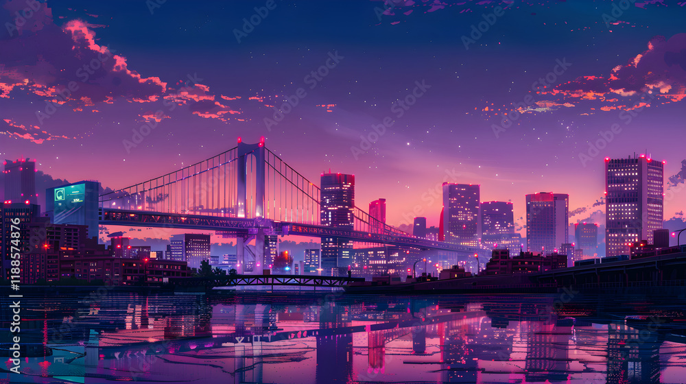 Twilight Vista over Dazzling Neon Cityscape: Urban Beauty meets Natural Splendor Twilight Vista over Dazzling Neon Cityscape: Urban Beauty meets Natural Splendor